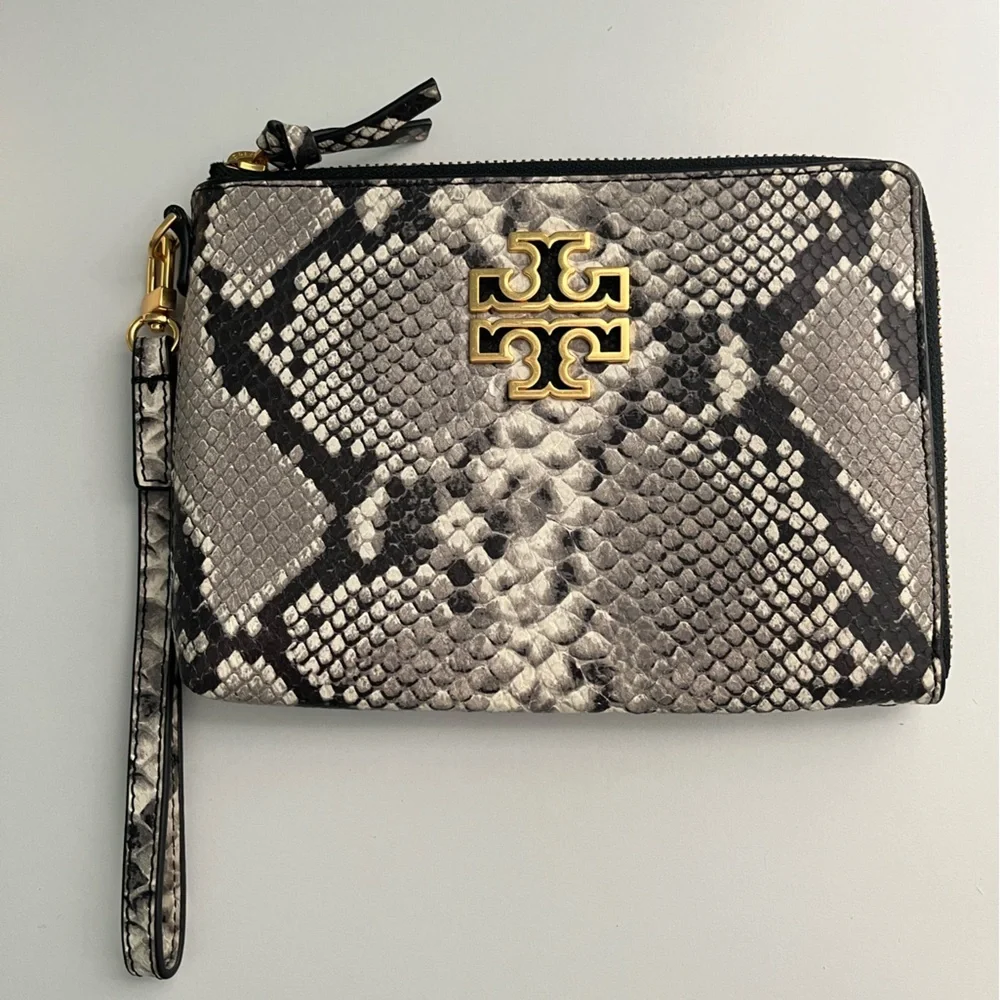 Tory Burch Britten Large Leather Wristlet in Natural Embossed Snake